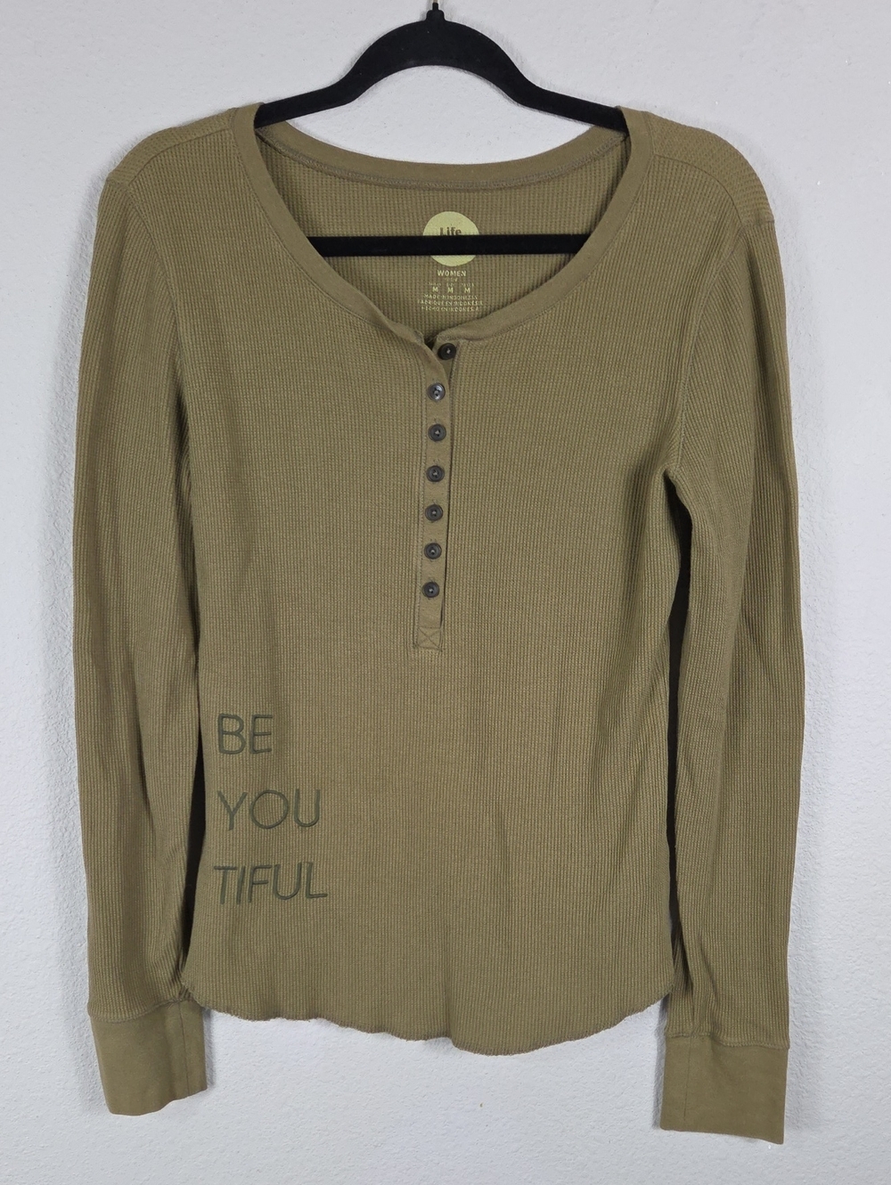 Life Is Good Olive Thermal Henley Long Sleeve Button Front Size Medium Fitted